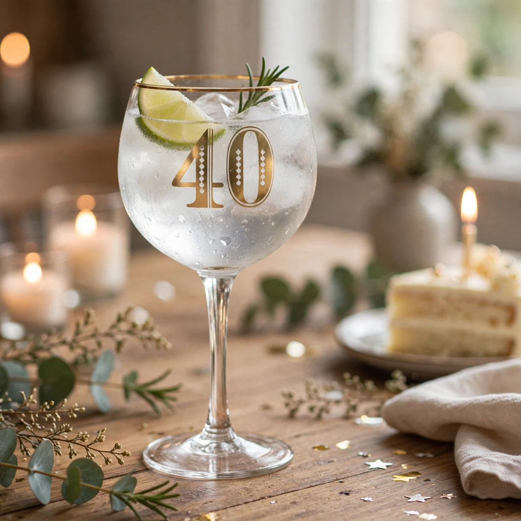 Art Deco 40th Birthday Gin Glass displayed for a 40th birthday celebration