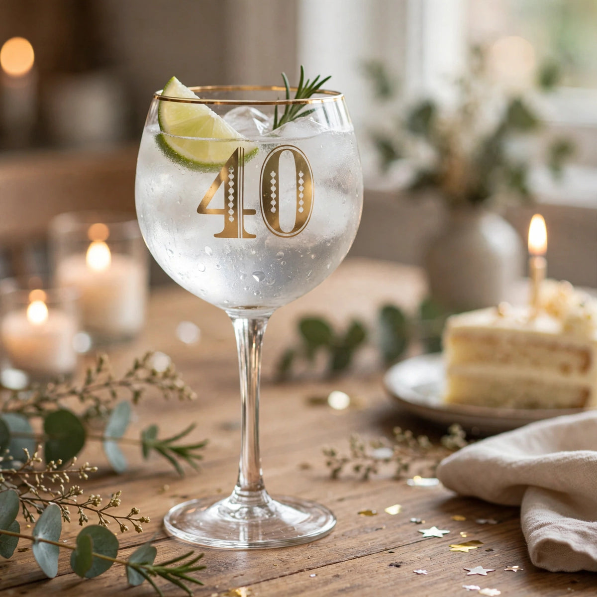 Art Deco 40th Birthday Gin Glass displayed for a 40th birthday celebration