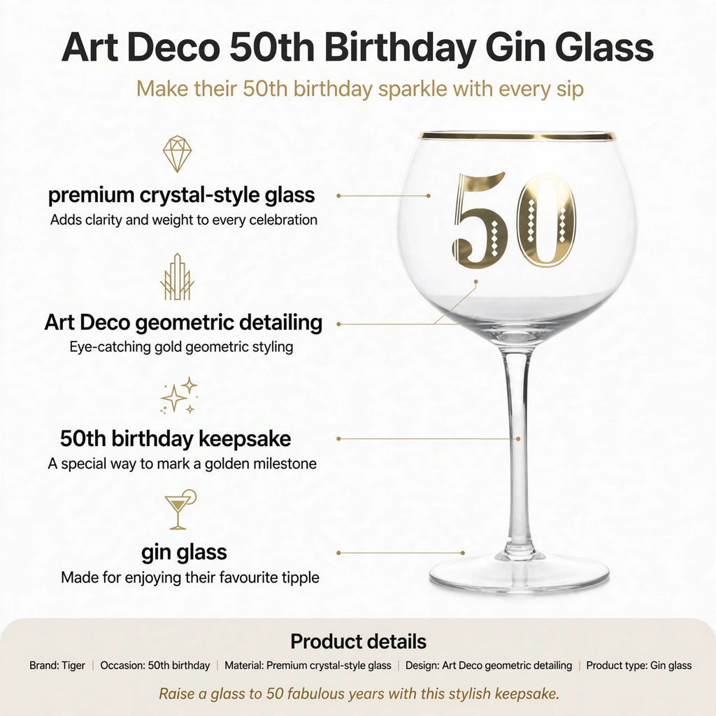 Infographic showing premium crystal-style glass and Art Deco geometric detailing features