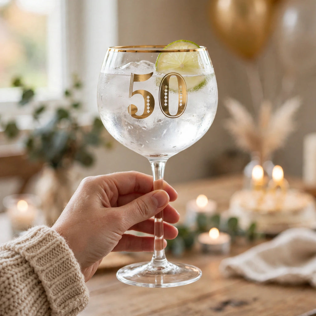 Art Deco 50th Birthday Gin Glass displayed as a keepsake gift for a 50th birthday celebration