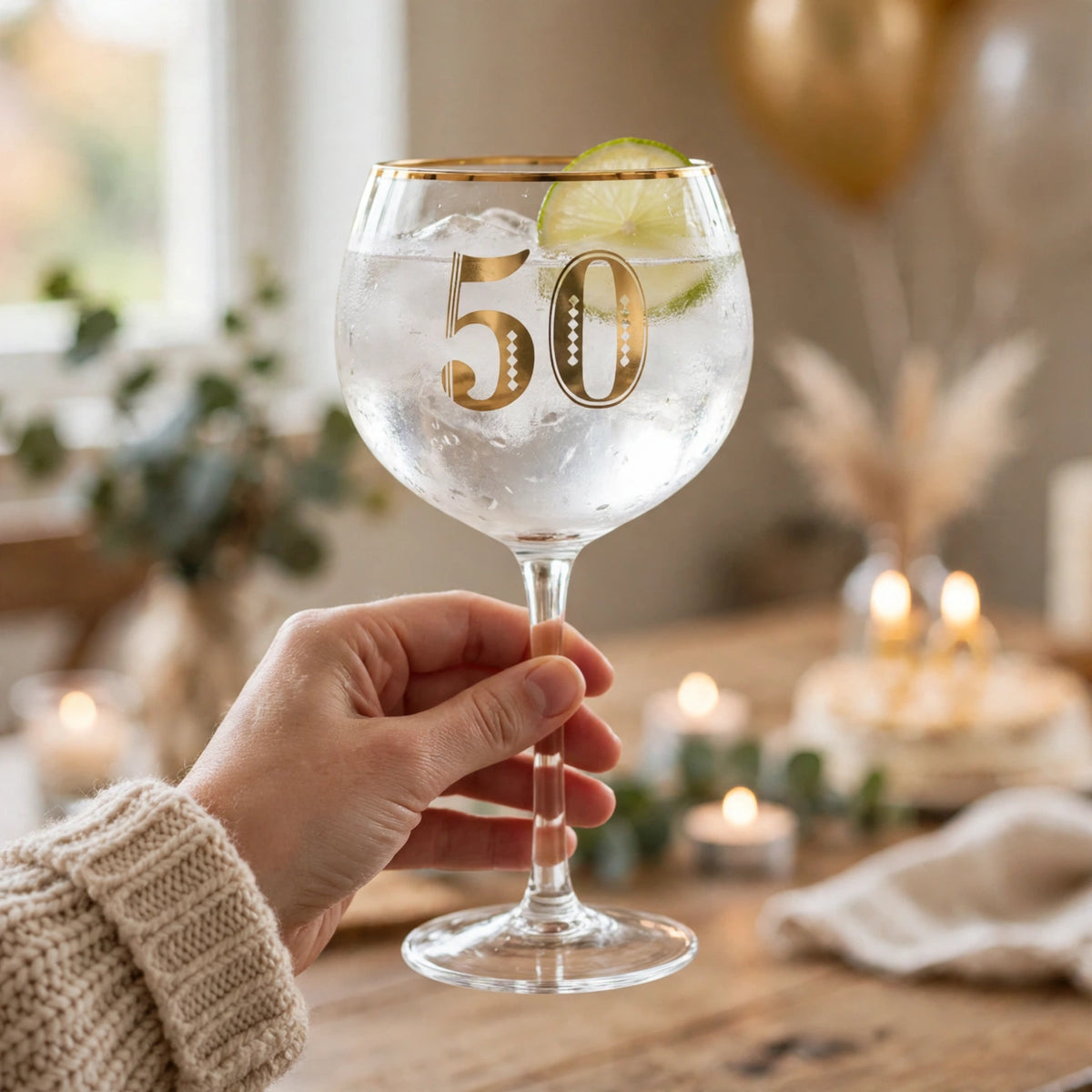 Art Deco 50th Birthday Gin Glass displayed as a keepsake gift for a 50th birthday celebration
