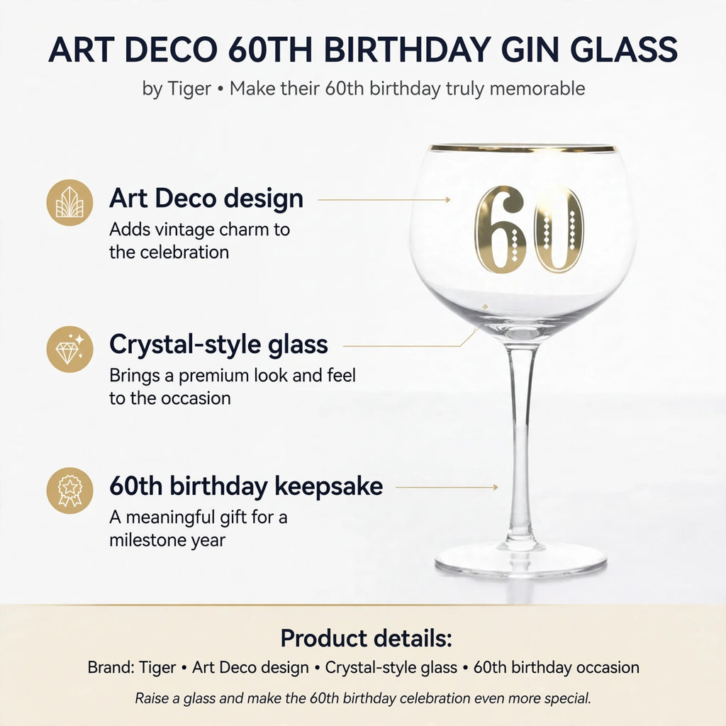 Infographic showing Art Deco design and crystal-style glass features of the 60th birthday gin glass