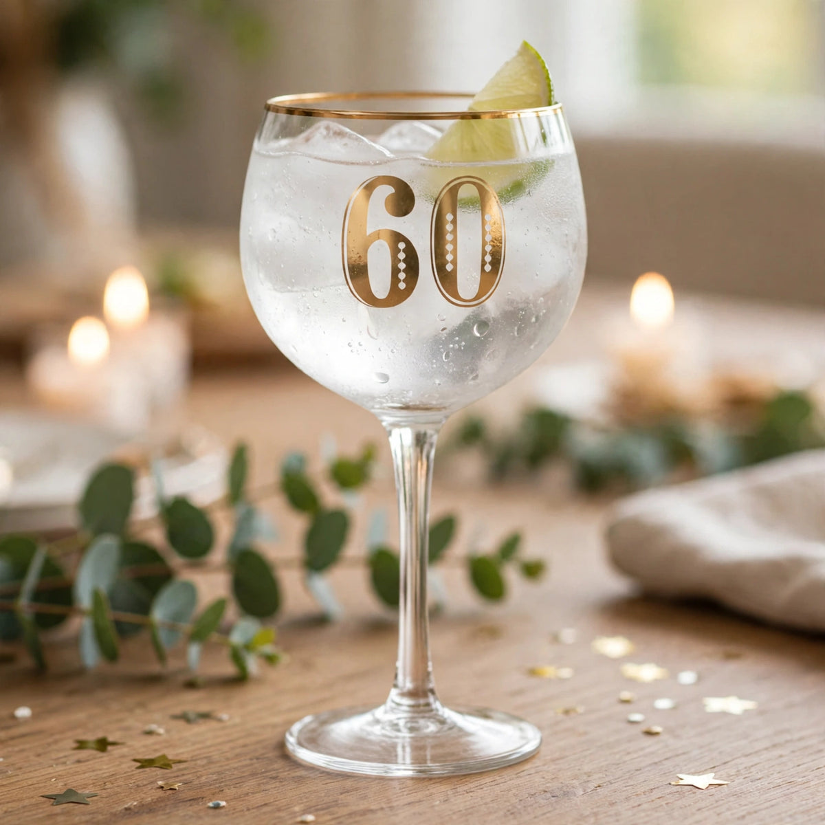Art Deco 60th Birthday Gin Glass displayed for a 60th birthday celebration