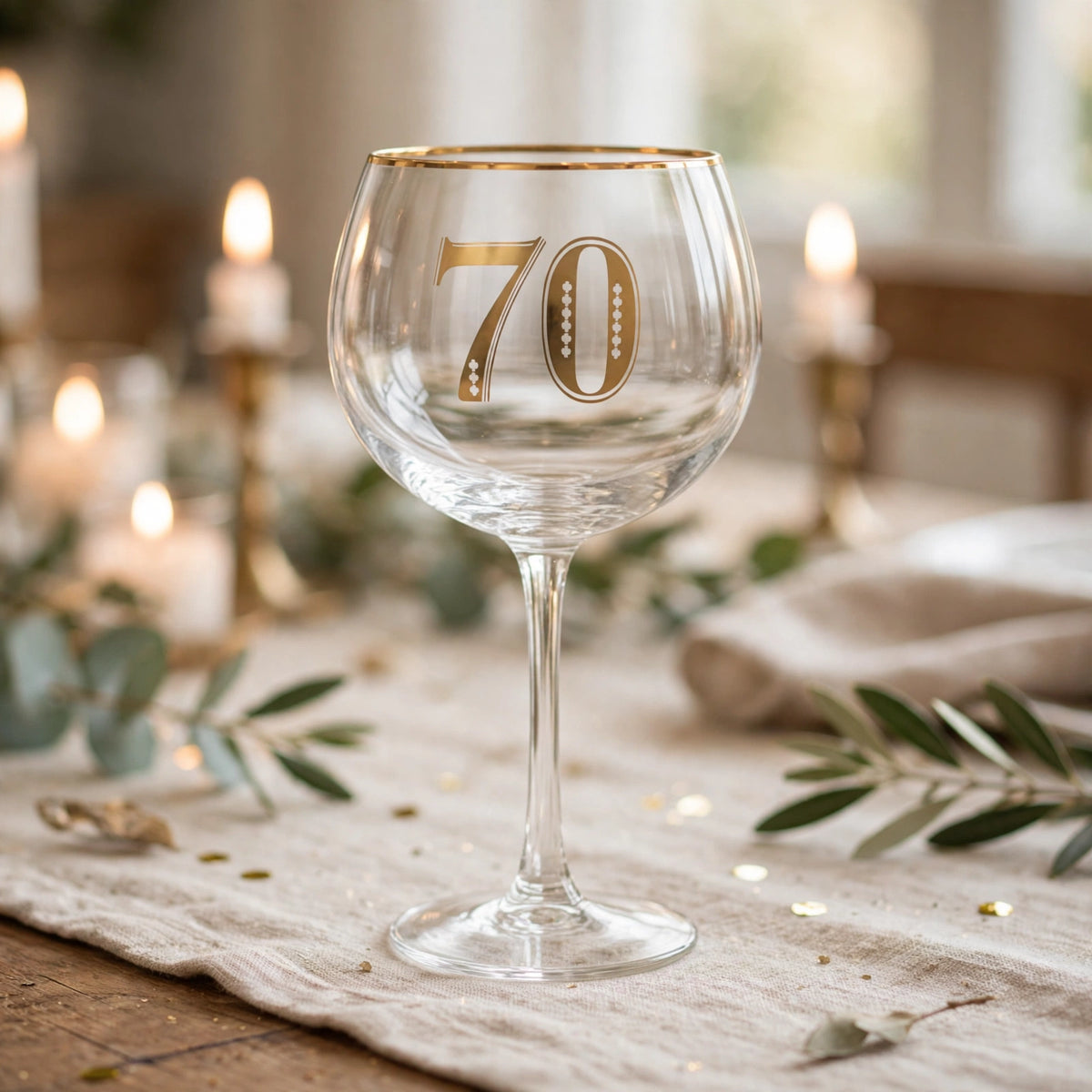 Art Deco 70th Birthday Gin Glass displayed for a 70th birthday celebration