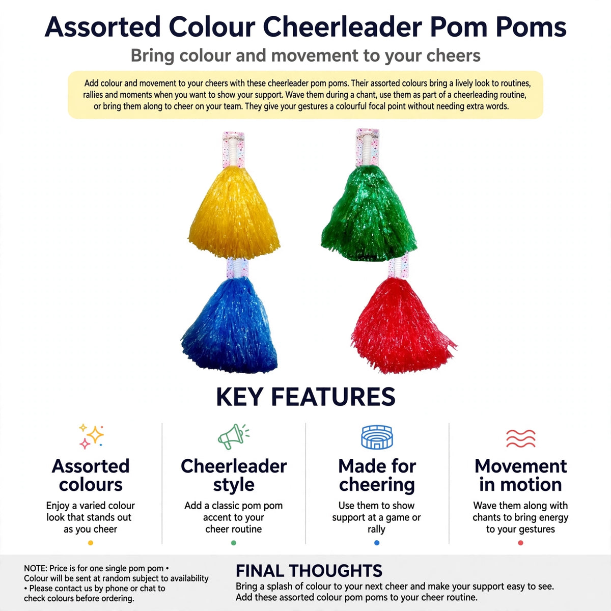 Infographic showing assorted colours and cheerleader style pom pom features