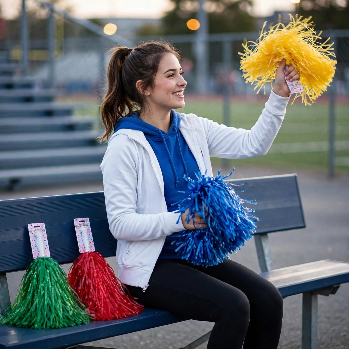 Cheerleader pom pom used during a cheerleading routine or rally
