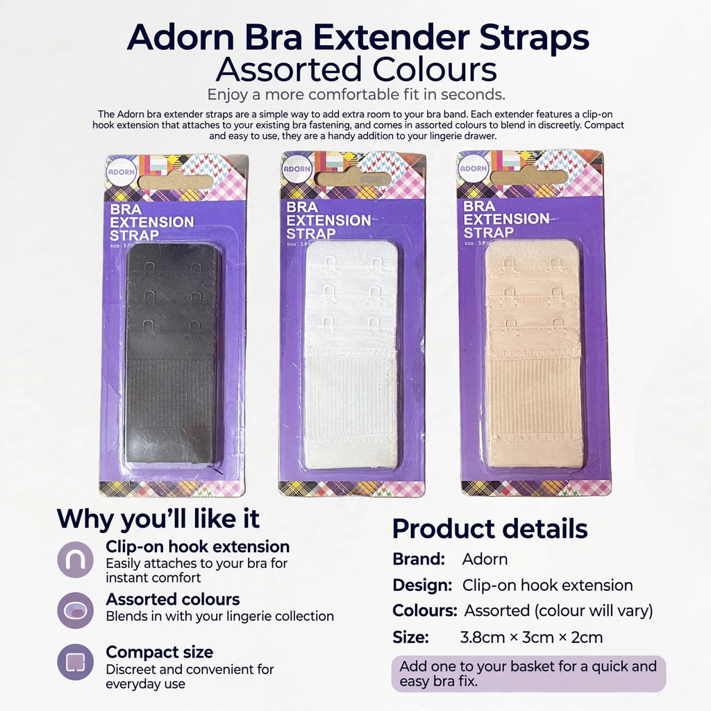 Infographic showing clip-on hook extension, assorted colours, and compact size of Adorn bra extender straps