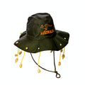 Australian bush hat with wide green brim and orange corks