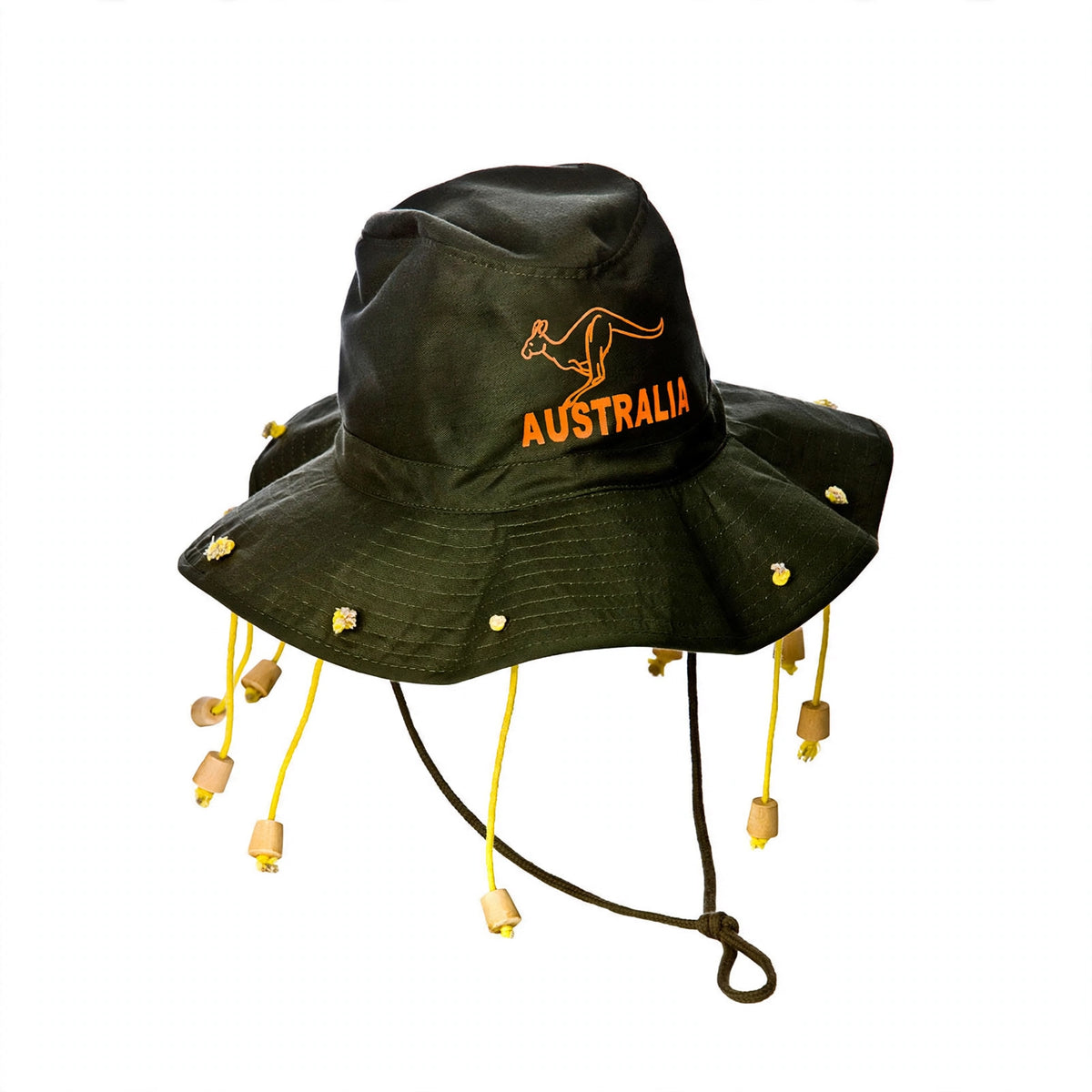 Australian bush hat with wide green brim and orange corks