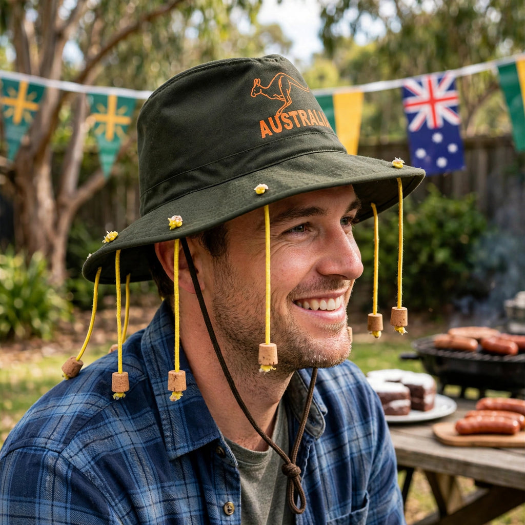 Person wearing green Australian bush hat with orange corks at a celebration