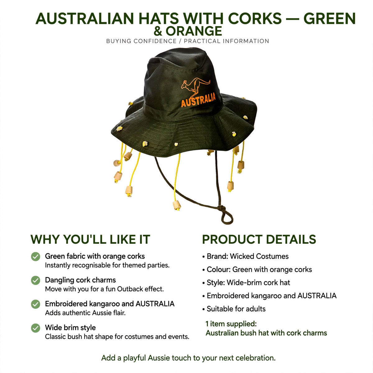 Hat suitable for adults with playful Aussie design for themed parties and events
