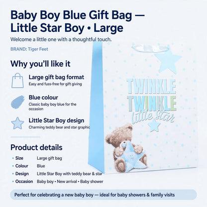 Infographic showing large gift bag format, blue colour, and Little Star Boy design