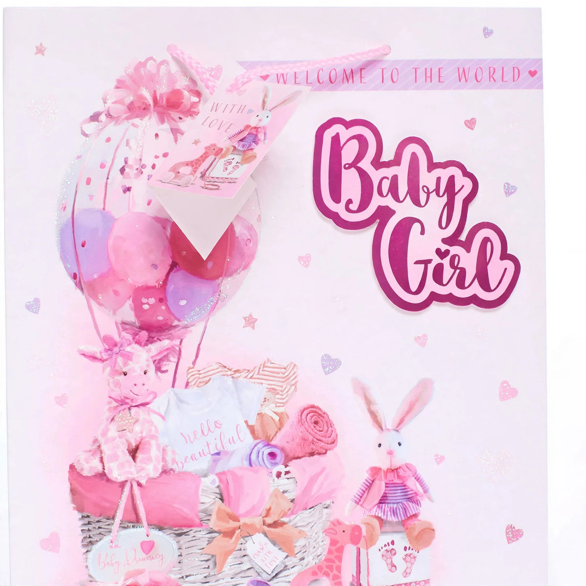 Close-up view of the Wraptastic Baby Girl Pink Gift Bag Icons Medium showing icon print