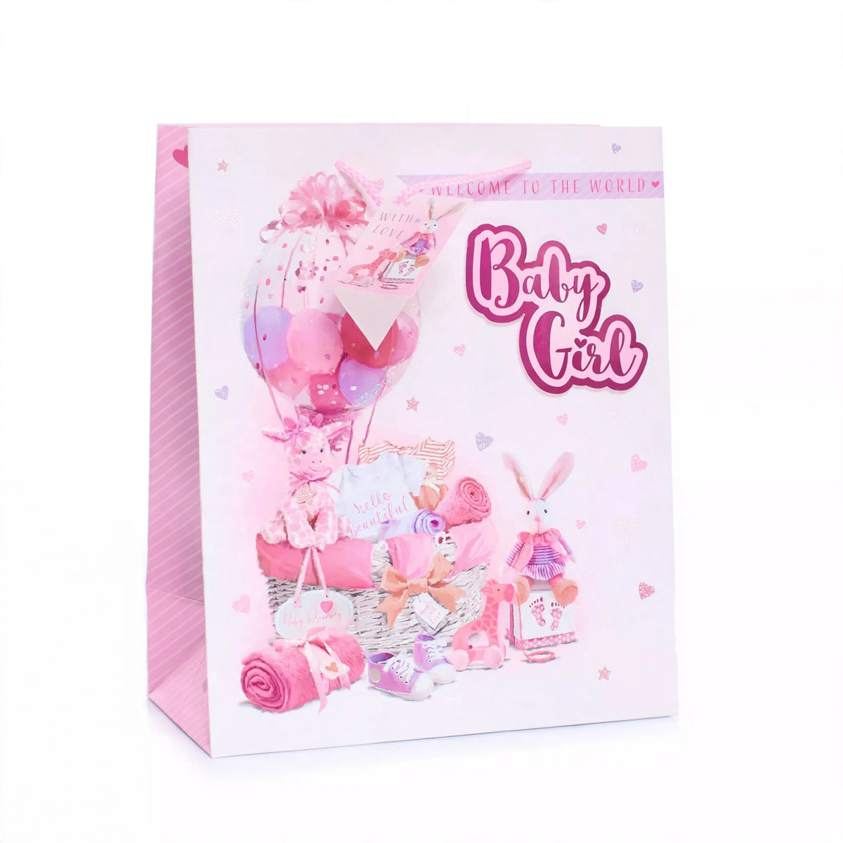 Wraptastic Baby Girl Pink Gift Bag Icons Medium with pink colour and icon print