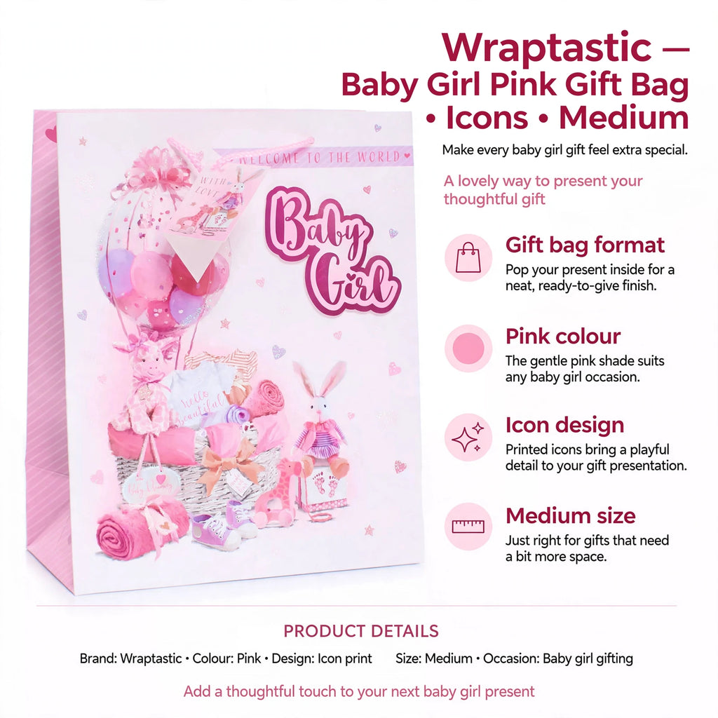 Infographic showing pink colour, icon design, medium size, and gift bag format features