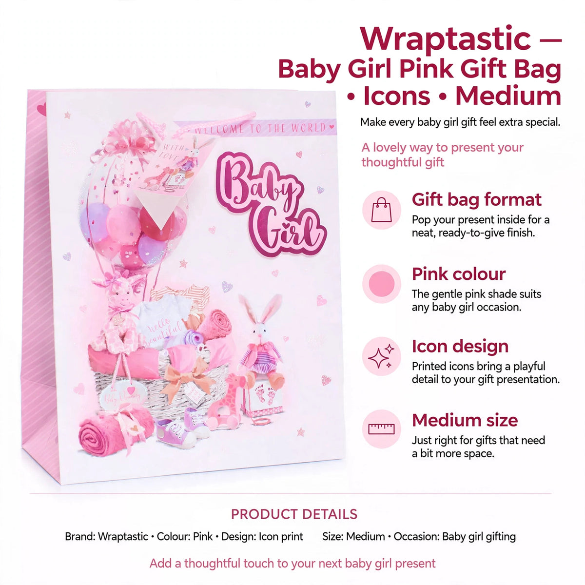 Infographic showing pink colour, icon design, medium size, and gift bag format features