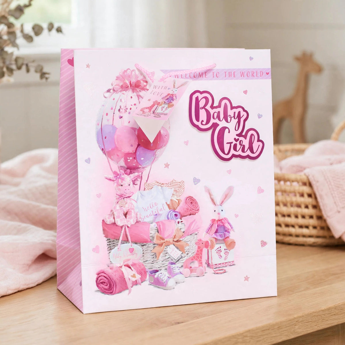 Wraptastic Baby Girl Pink Gift Bag Icons Medium used for presenting a baby girl gift
