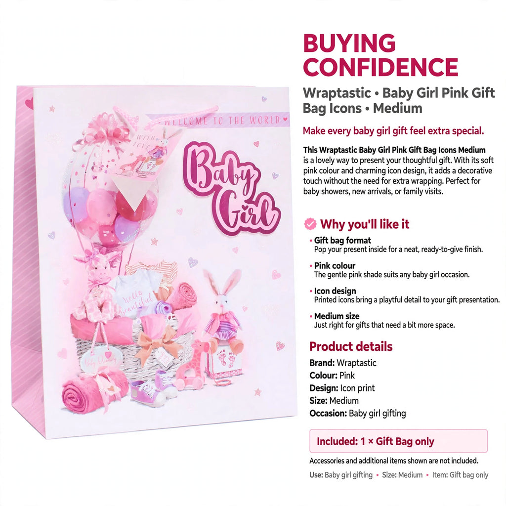 Information about the gift bag being medium size with pink colour and icon design for baby girl gifting