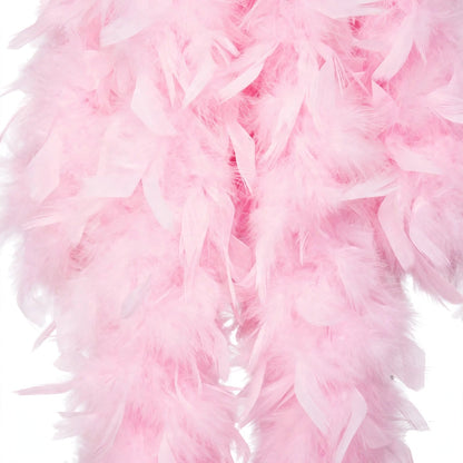 Close-up view of baby pink feather boa showing feather texture