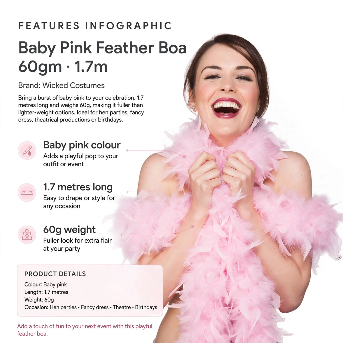 Feather boa features baby pink colour, 1.7 metres length, and 60 grams weight