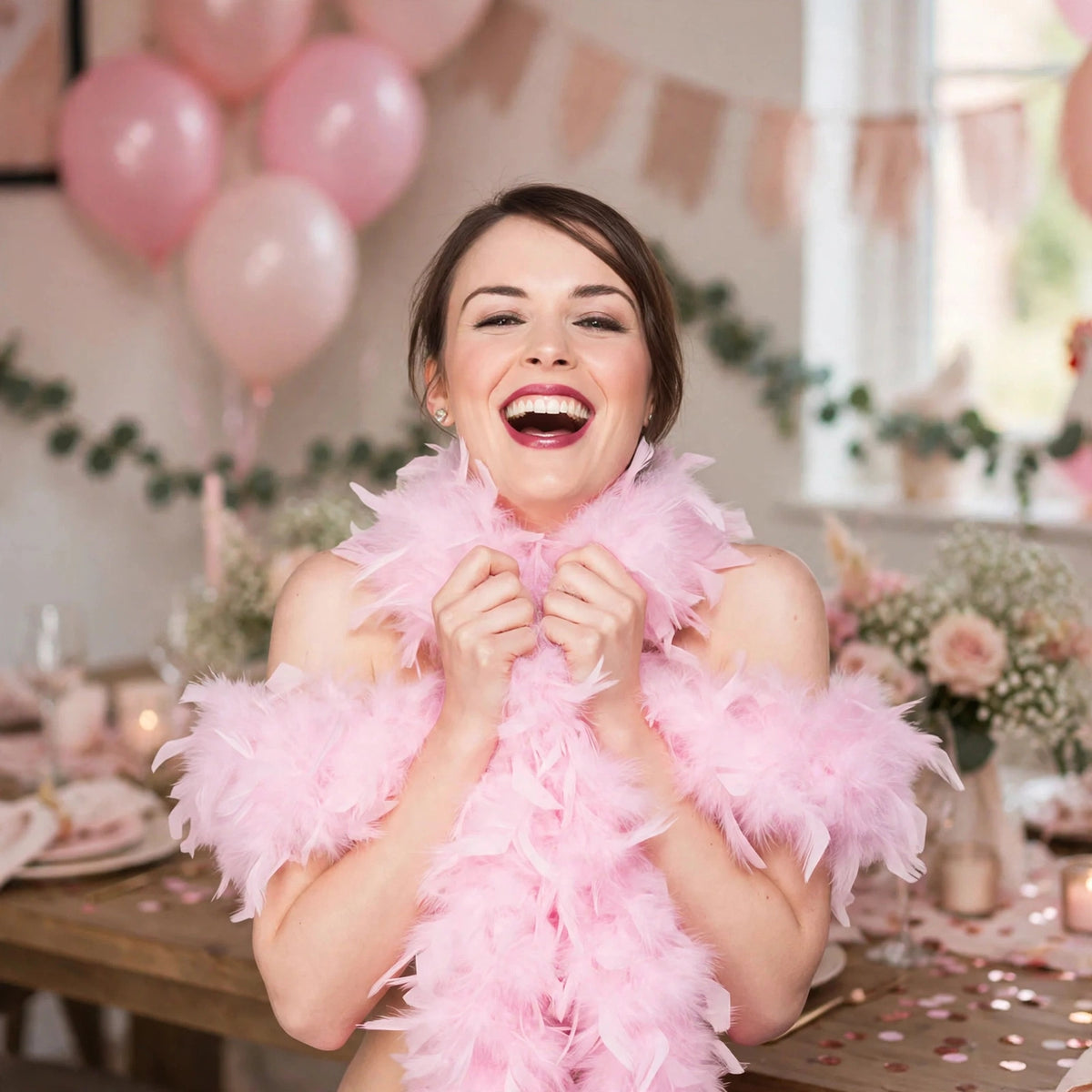 Feather boa worn as part of a costume for hen parties, fancy dress, theatre, or birthday celebrations
