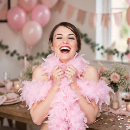 Feather boa worn as part of a costume for hen parties, fancy dress, theatre, or birthday celebrations
