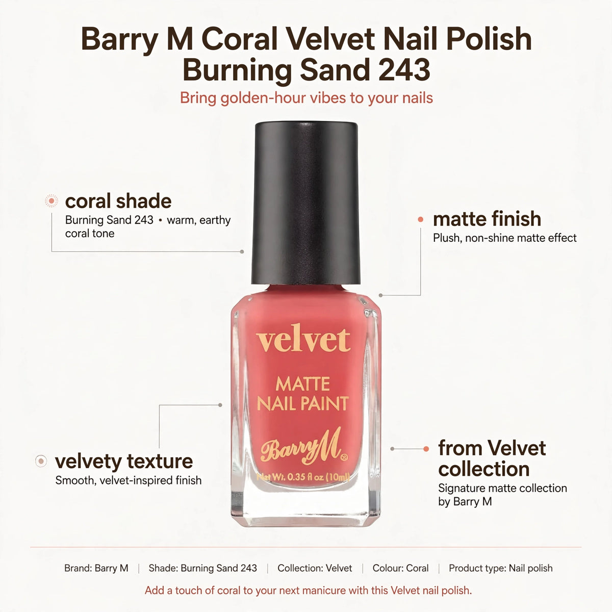 infographic showing coral shade, matte finish, velvety texture, Velvet collection
