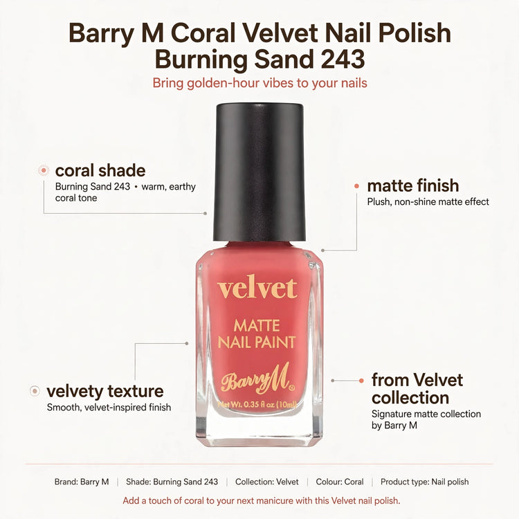 infographic showing coral shade, matte finish, velvety texture, Velvet collection