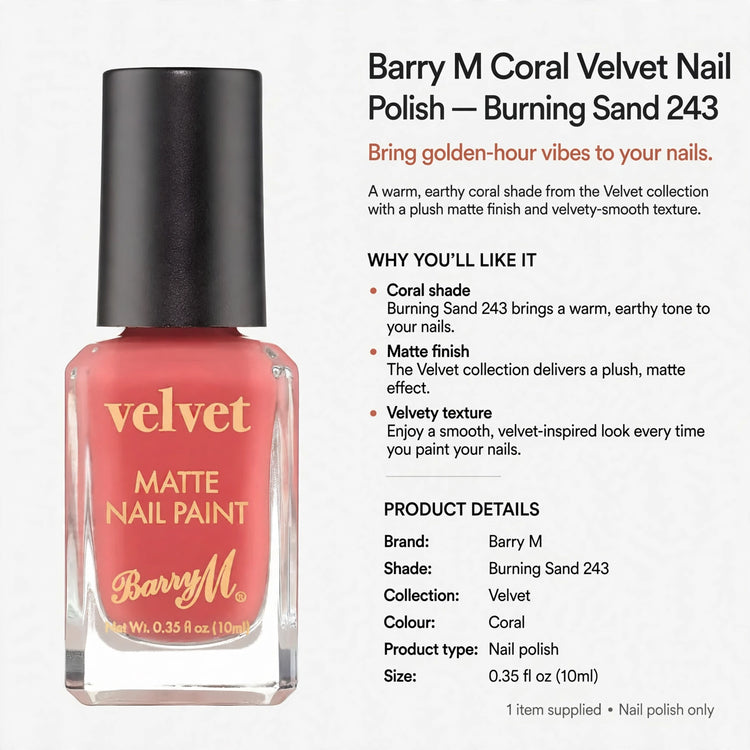 product details including brand Barry M, shade Burning Sand 243, and Velvet collection