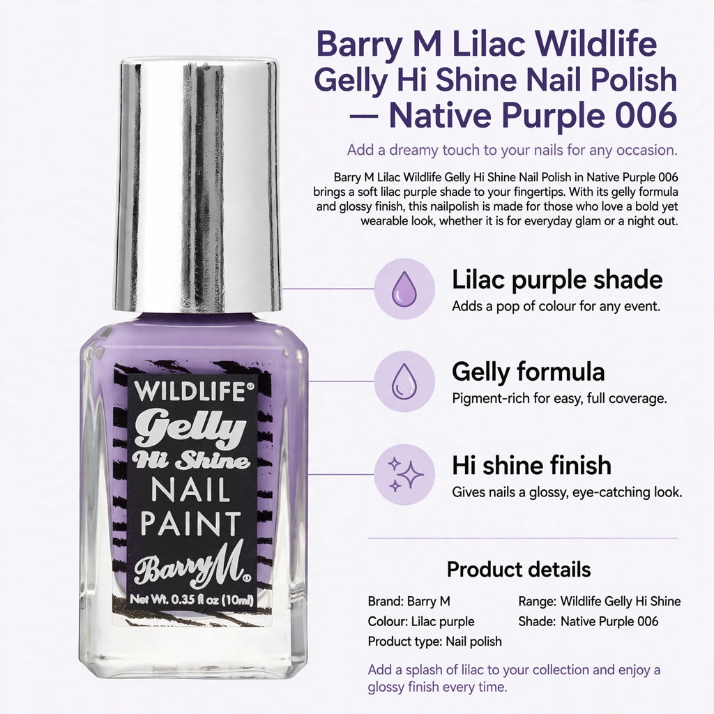 Features of Barry M Lilac Wildlife Gelly Hi Shine Nail Polish including lilac purple shade, gelly formula, and hi shine finish