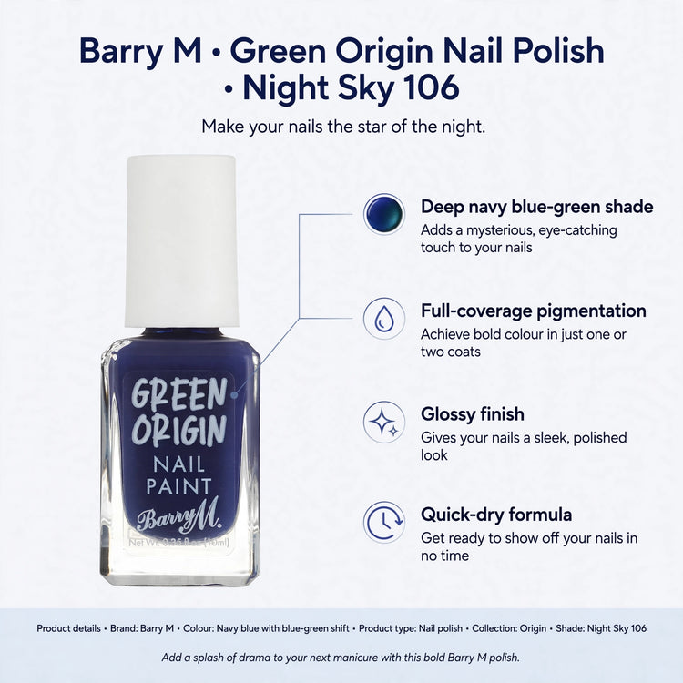 Infographic showing deep navy blue-green shade, full-coverage pigmentation, glossy finish, and quick-dry formula of Barry M nail polish