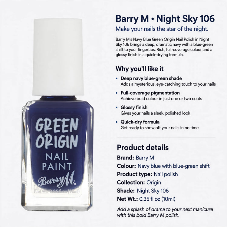 Barry M Navy Blue Green Origin Nail Polish quick-drying formula and full-coverage pigmentation details