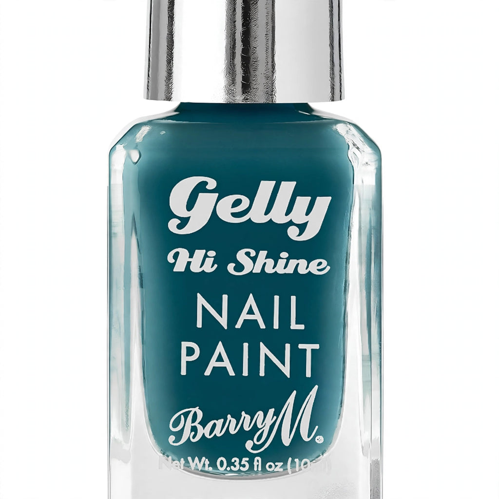 Close-up of Barry M Ocean Blue Gelly Hi Shine Nail Polish bottle showing Huckleberry 244 shade