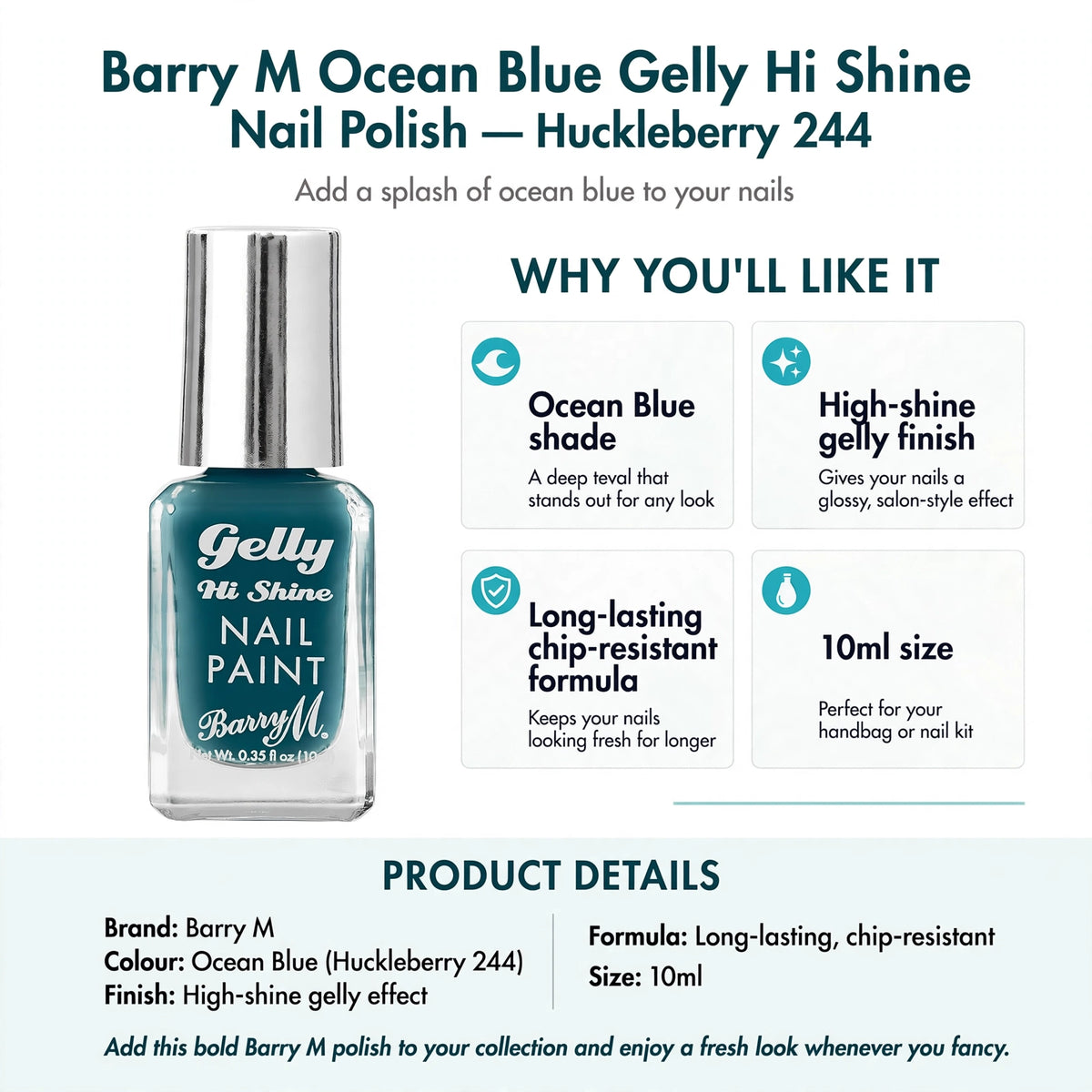Infographic showing Ocean Blue shade, high-shine gelly finish, long-lasting chip-resistant formula, and 10ml size