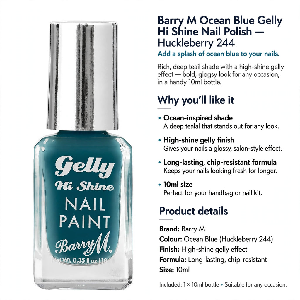 Information on long-lasting chip-resistant formula and 10ml size of Barry M Ocean Blue Gelly Hi Shine Nail Polish