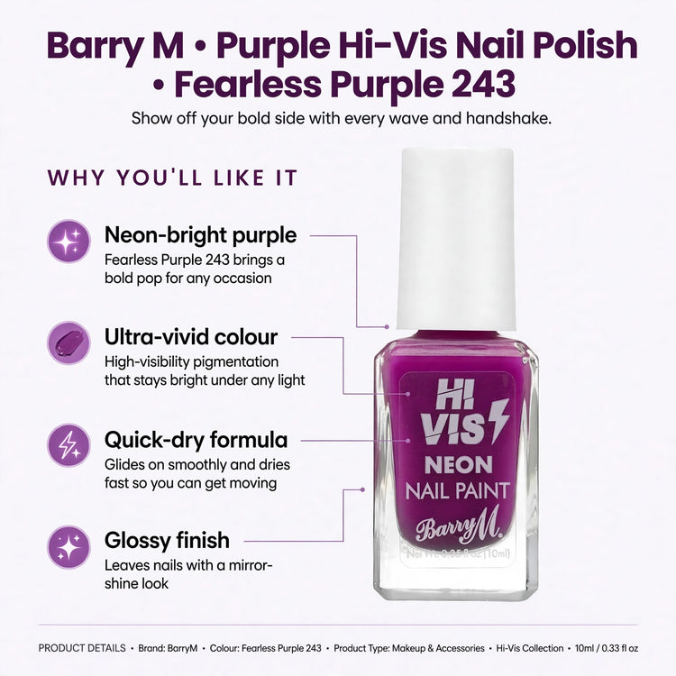 Infographic showing neon-bright purple colour, ultra-vivid pigmentation, quick-dry formula, and glossy finish
