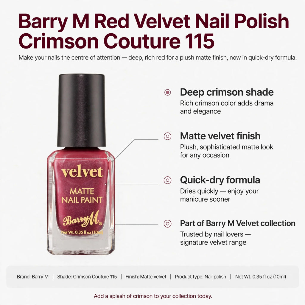 Infographic showing deep crimson shade, matte velvet finish, quick-dry formula, and Barry M Velvet collection