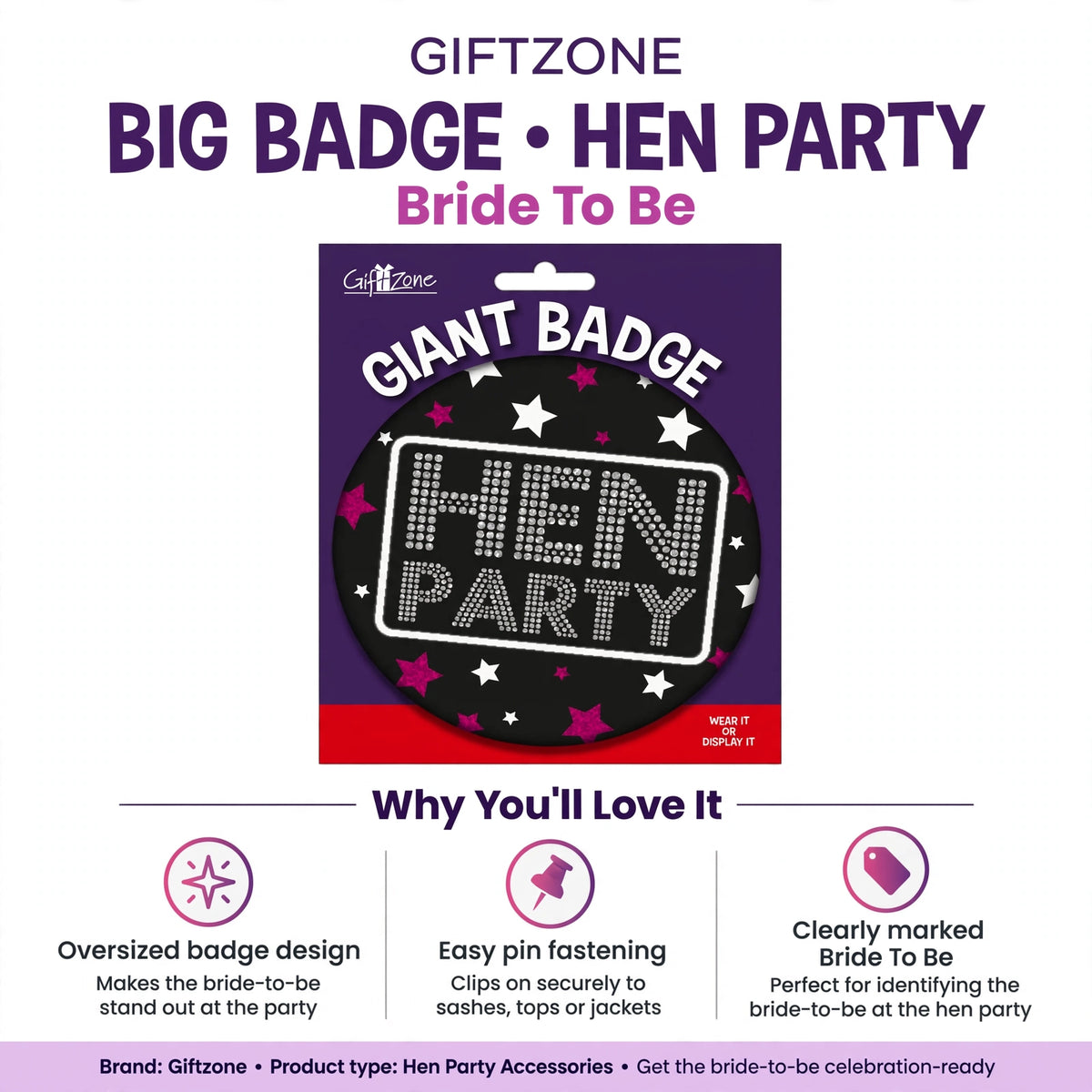 Infographic showing oversized badge design and easy pin fastening features