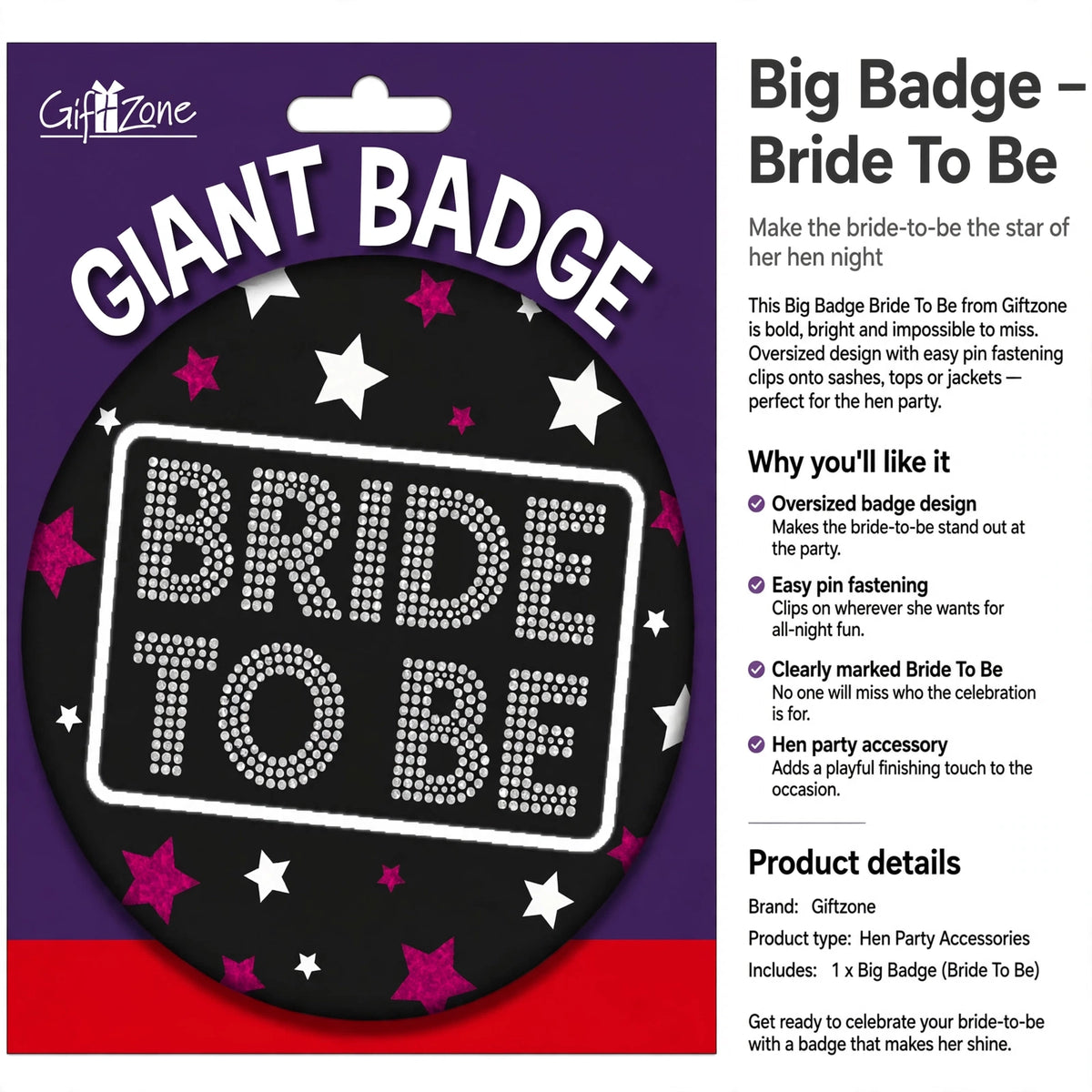 Badge clips onto sashes, tops, or jackets for hen party use