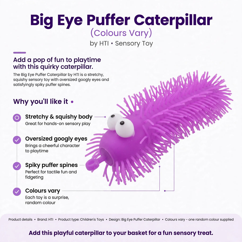 Infographic showing stretchy and squishy body, oversized googly eyes, spiky puffer spines, and varying colours