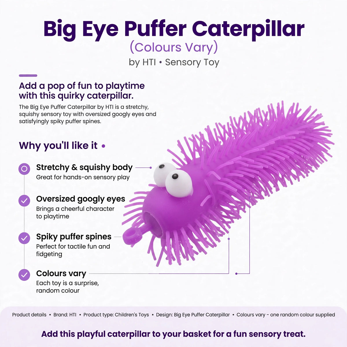 Infographic showing stretchy and squishy body, oversized googly eyes, spiky puffer spines, and varying colours