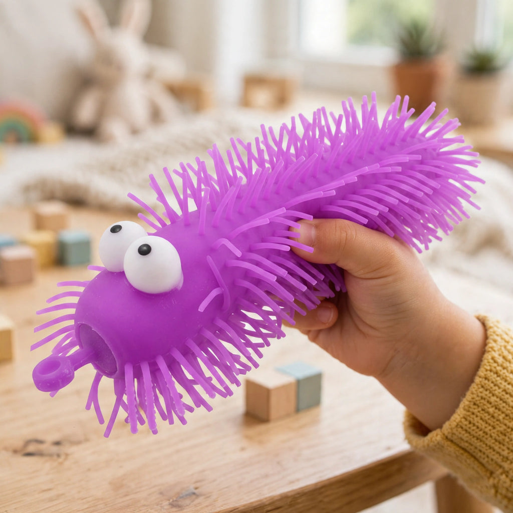 Big Eye Puffer Caterpillar sensory toy for children to fidget, squeeze, and stretch during playtime