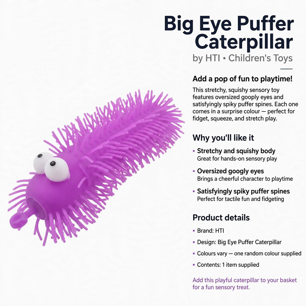 Information about Big Eye Puffer Caterpillar being a stretchy, squishy sensory toy with surprise colour