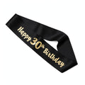 Black and gold 30th birthday sash worn diagonally over one shoulder