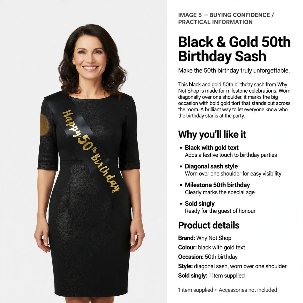 Black and gold 50th birthday sash sold singly for milestone celebrations