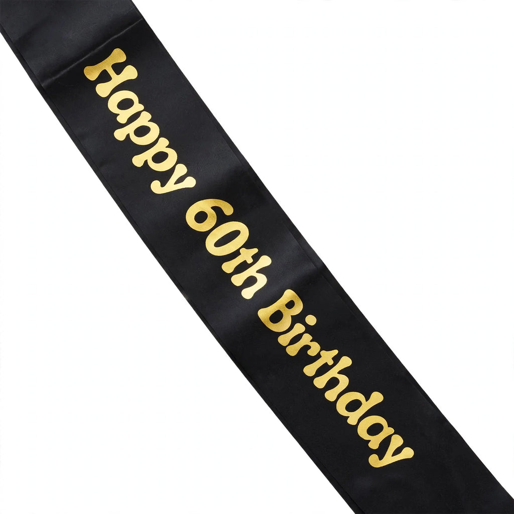 Close-up view of black and gold 60th birthday sash text and diagonal design
