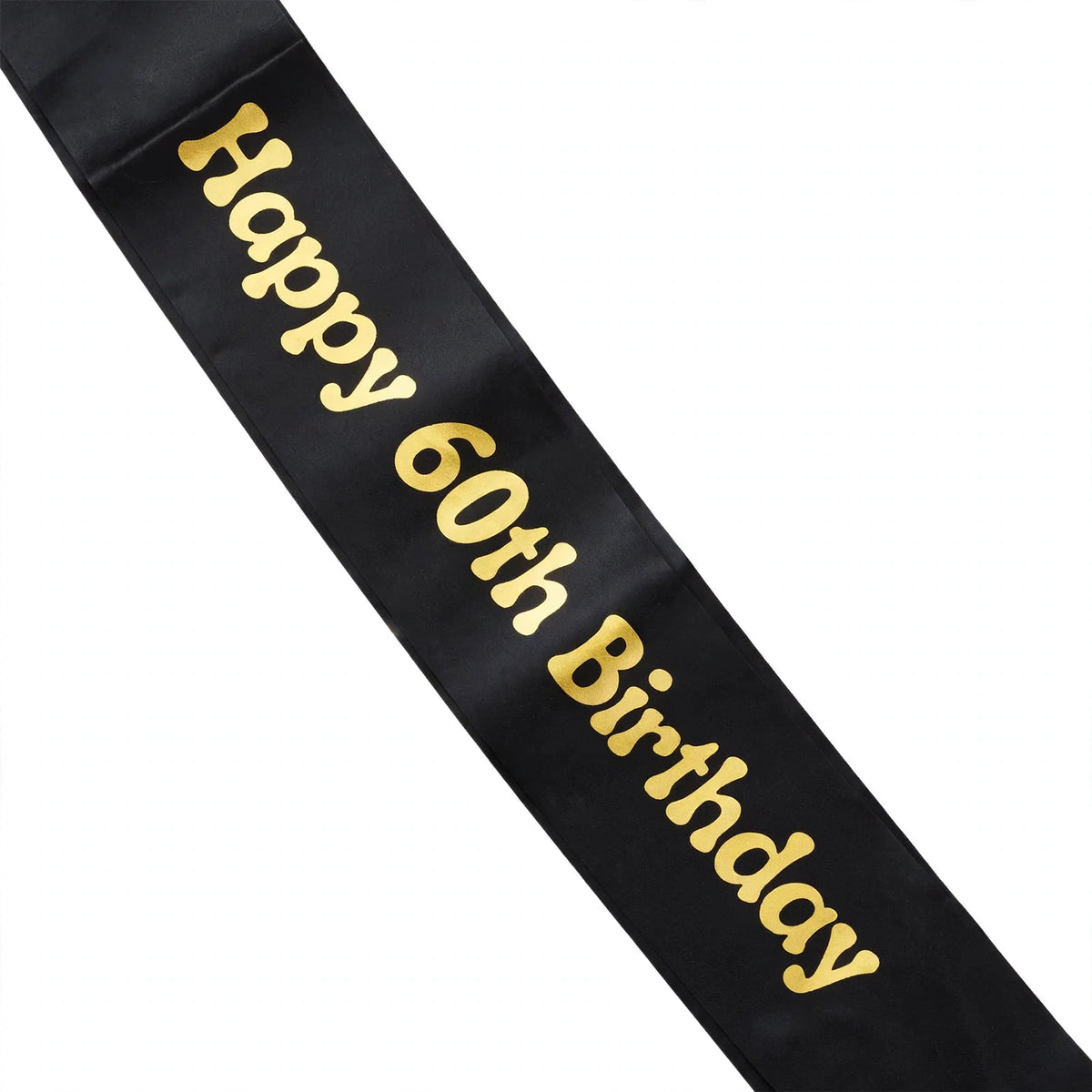 Close-up view of black and gold 60th birthday sash text and diagonal design