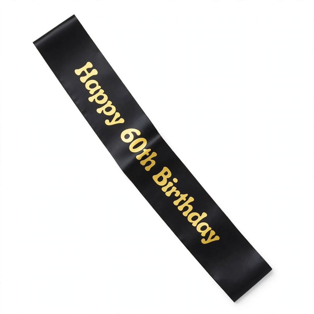 Black and gold 60th birthday sash with diagonal style worn over one shoulder