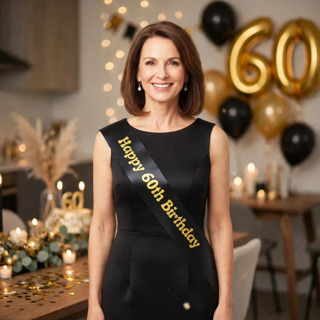 Black and gold 60th birthday sash worn diagonally over one shoulder at a birthday party