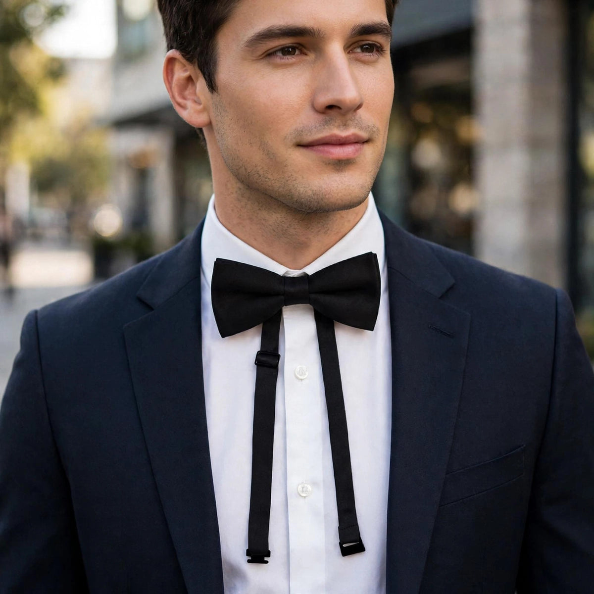 Black bow tie worn with a white shirt and dark suit